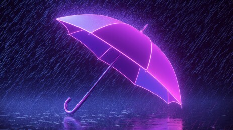 霓虹雨伞在雨中发光