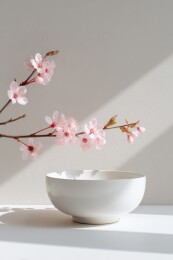 静谧春光中的樱花与白瓷碗