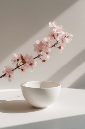 樱花枝与白瓷碗的静谧光影