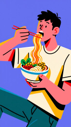 男子享用一碗美味面条