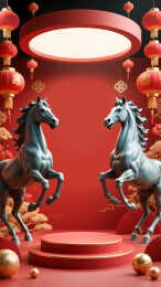 春节装饰与骏马雕像