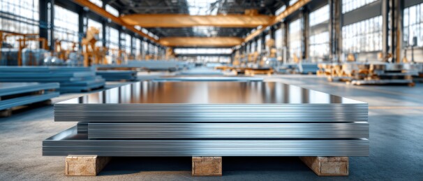 现代化钢铁厂内的金属板材堆放场景