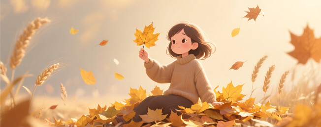 3D秋天女孩拿着梧桐树叶插画背景
