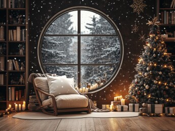 温馨圣诞夜，雪景窗外映衬室内暖意