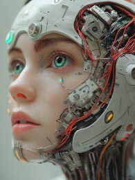 半机械人面部特写，展现科技与人性融合