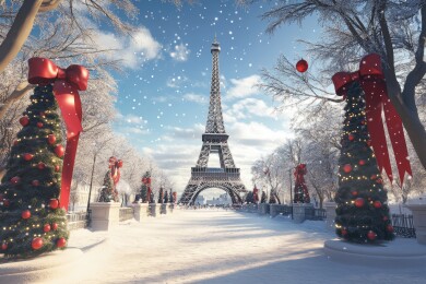 雪中巴黎铁塔与圣诞树