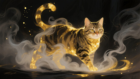 金色烟雾里梦幻朦胧的狸花猫