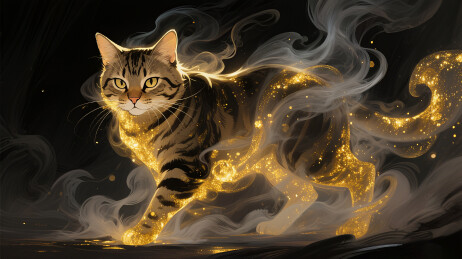 金色烟雾里梦幻朦胧的狸花猫