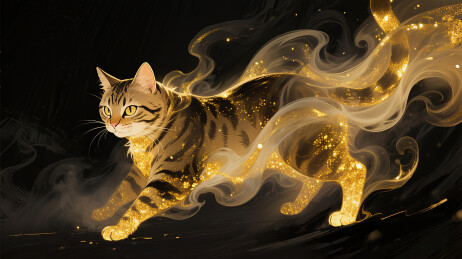 金色烟雾里梦幻朦胧的狸花猫