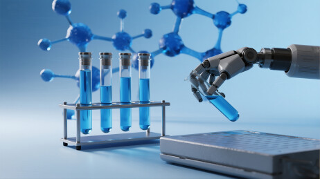 机械臂操作装有蓝色液体的试管与分子模型