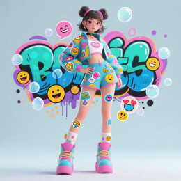 涂鸦与表情符号混合的前卫潮服美少女