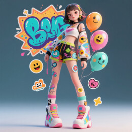 涂鸦与表情符号混合的前卫潮服美少女