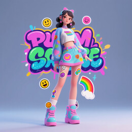 涂鸦与表情符号混合的前卫潮服美少女
