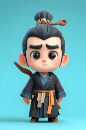 Q版3D委屈古风黑蓝道袍道士卡通人物插画