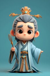 Q版3D古风蓝袍道士卡通人物形象插画