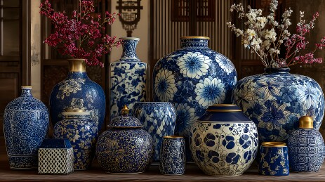 青花瓷器摆件静物氛围