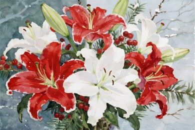 百合与红果的花卉水彩画