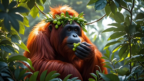 红毛猩猩在雨林中进食显专注