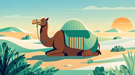 骆驼在沙漠中休憩显悠然之态