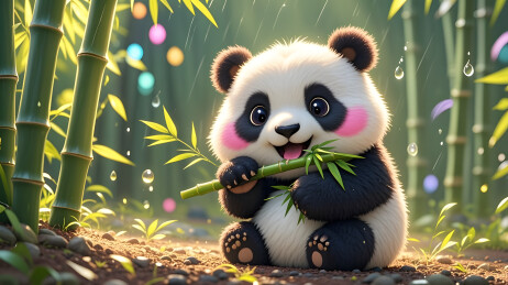 熊猫在竹林间进食显可爱憨态