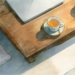 阳光下的茶与笔记本