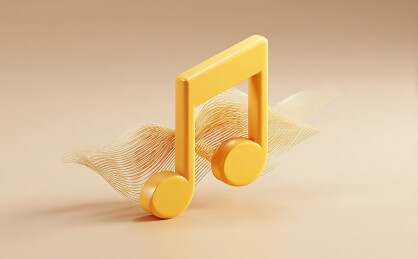 黄色音乐符号与波纹背景的抽象艺术