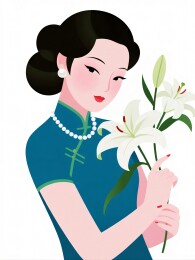 女子手持百合花朵姿态