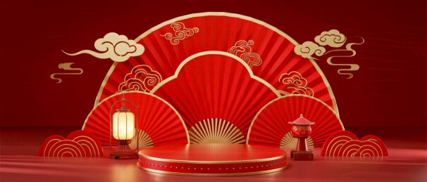 红色扇面喜庆春节展示场景
