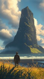海边孤峰行人仰望