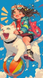 少女骑乘大猫空中彩虹球