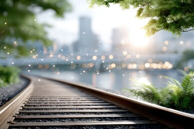 阳光洒落的铁轨城市景象