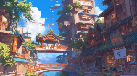 梦幻古镇桥塔相映的宁静街景