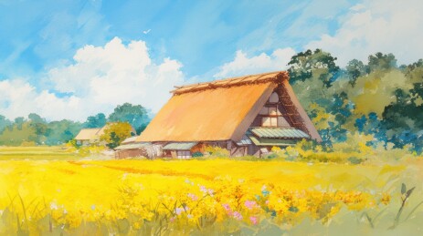 乡村茅屋与金黄花田