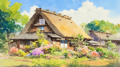 乡村茅屋与缤纷花丛