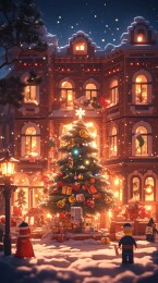 雪夜中的圣诞树与灯火辉煌的建筑