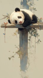 熊猫在木枝上安睡