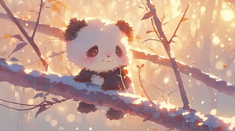 雪中熊猫幼崽树枝上