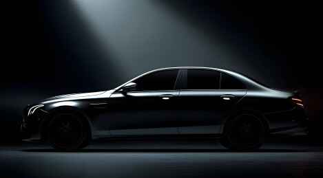 聚光灯下的黑色轿车侧影