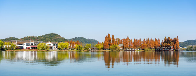 浙江杭州萧山湘湖越界与沐心岛秋景