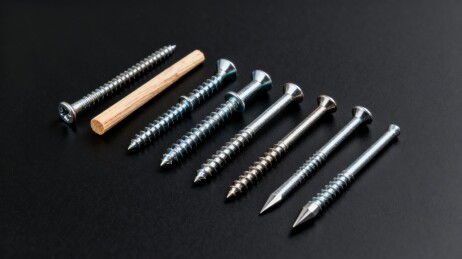 各种类型螺丝和木钉的展示