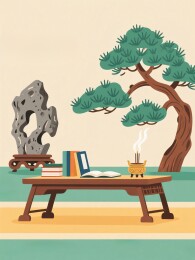 案台松树摆件石景静物