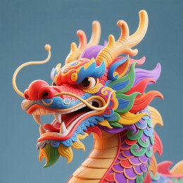 彩色龙头部雕塑呈现形态