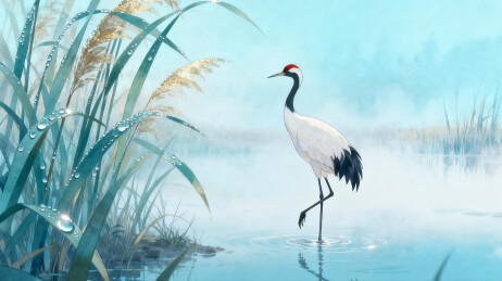 芦苇丛旁的仙鹤国画