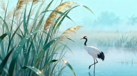 芦苇丛旁的仙鹤国画