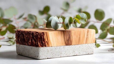 木头水泥装饰块与绿叶