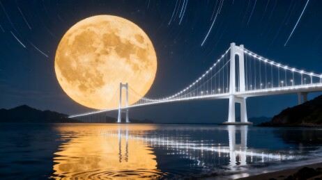 超级月亮与跨海大桥夜景