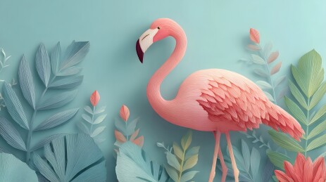 火烈鸟与热带植物插画
