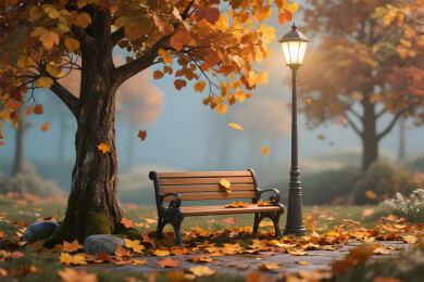 秋天公园落叶下的长椅与路灯