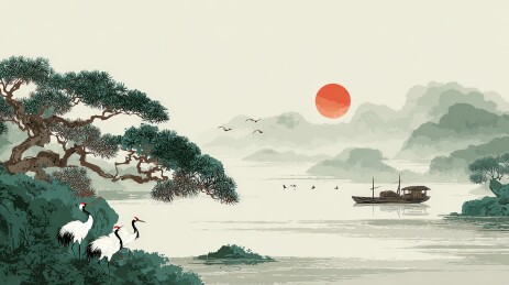 中国传统山水画中的日出湖景