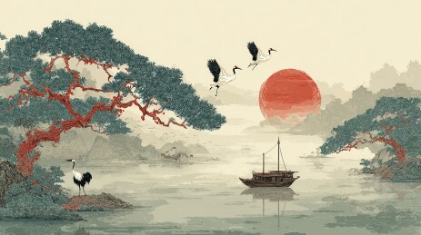 中国传统山水画中的日出湖景